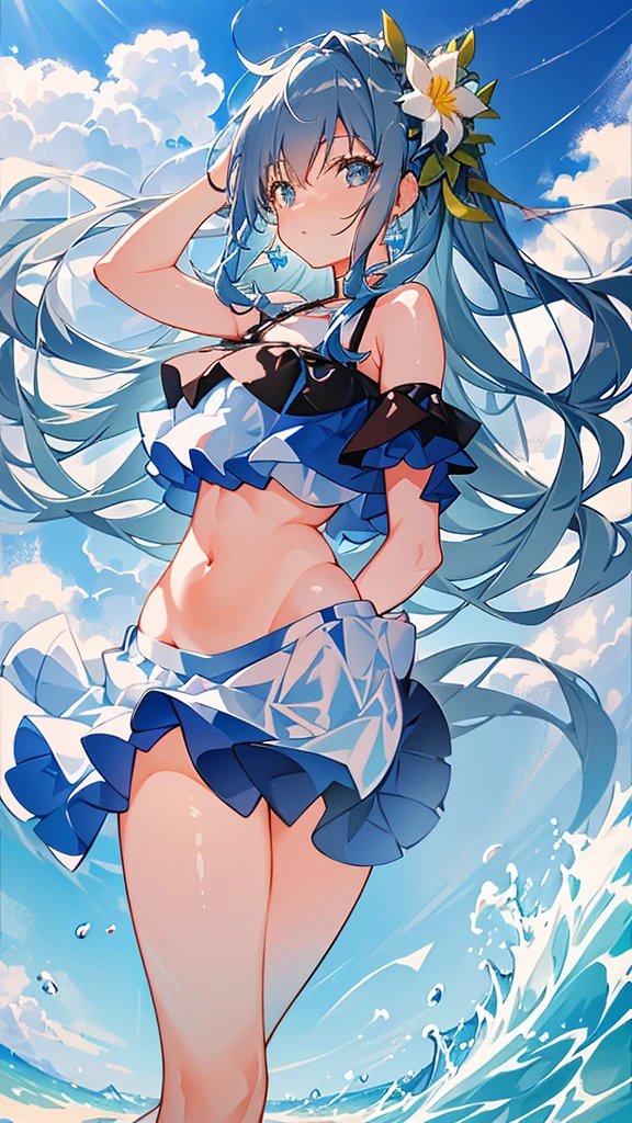 (8K, RAW photo, highest quality, Highly detailed CG Unity 8K wallpaper, masterpiece: 1.2), girl, Beautiful hair in light blue, floating in the sky, Cloud girl, cloud, (close: 1.1), bright, Happy, fun, soft lighting, (bauhaus, shape, line, abstracted: 1.1) cornflower, 細かい目を持つ小さくて美しいgirl, Beautiful hair in light blue, Upper body, The depth of field in the photo was perfect, andレンズフレアは素敵なタッチを追加しました. The fine features of his face really stood out, and、The score of this photo was definitely over 10. in the background, cloudがありました, stunning photo,本当にgirlの美しさとcloudを捉えました. , Accurate depiction of the iris, Look at the audience lovingly,Like a gentle goddess,swimsuit,I can see your stomach,I can see your belly button