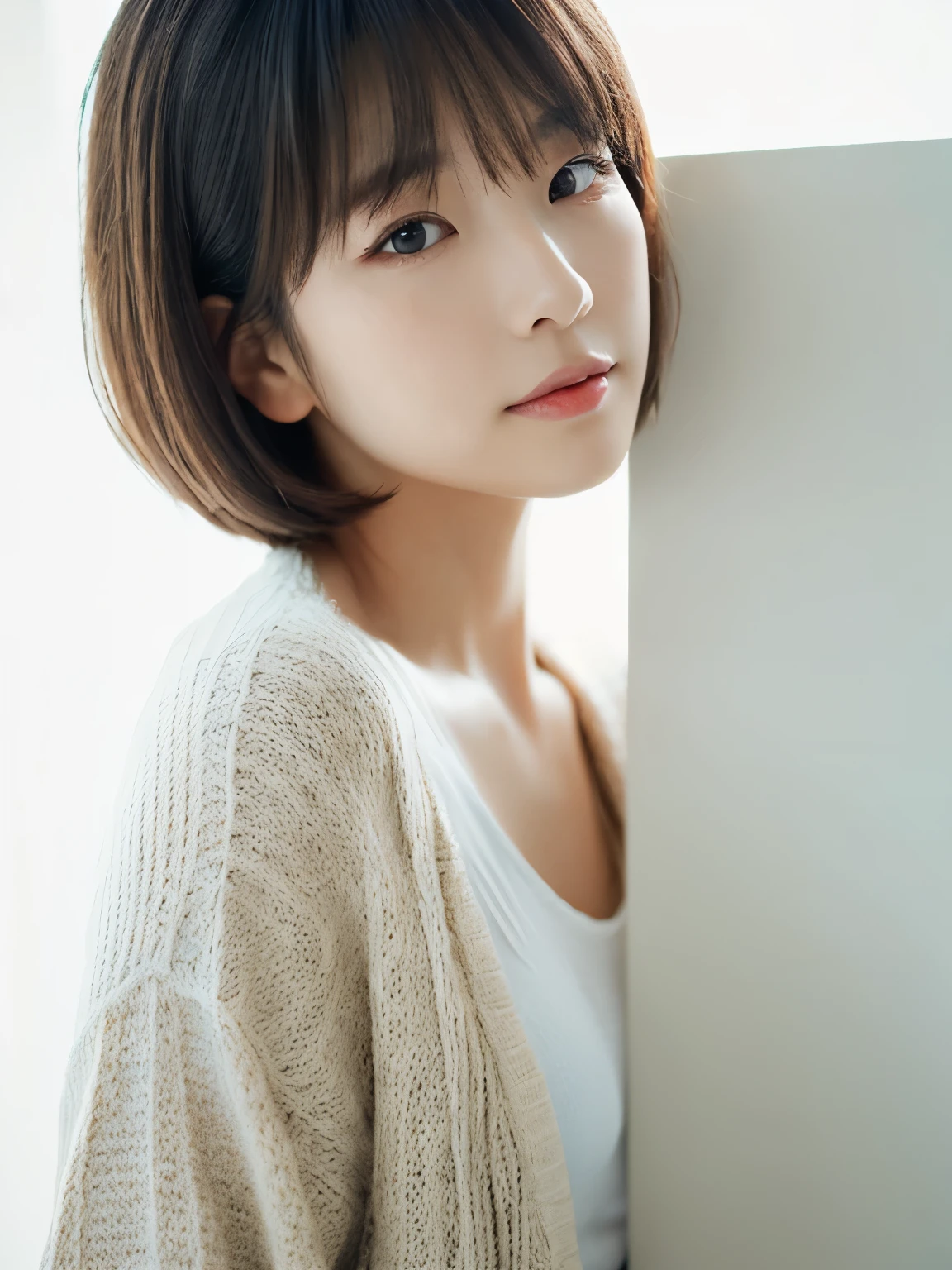 ((masutepiece,top-quality)), (photographrealistic:1.4),((masutepiece,8K)),hight resolution,Studio Soft Light, Rim Lights, vibrant detail, realistic skin textures,Japanese, 1 beautiful woman, Short hair, Wave hair, faint thin bangs, make - up, 38 years, Detailed skin, cardigan, wide-leg pants, White background, White Room,white walls, fully body photo, Looking at Viewer