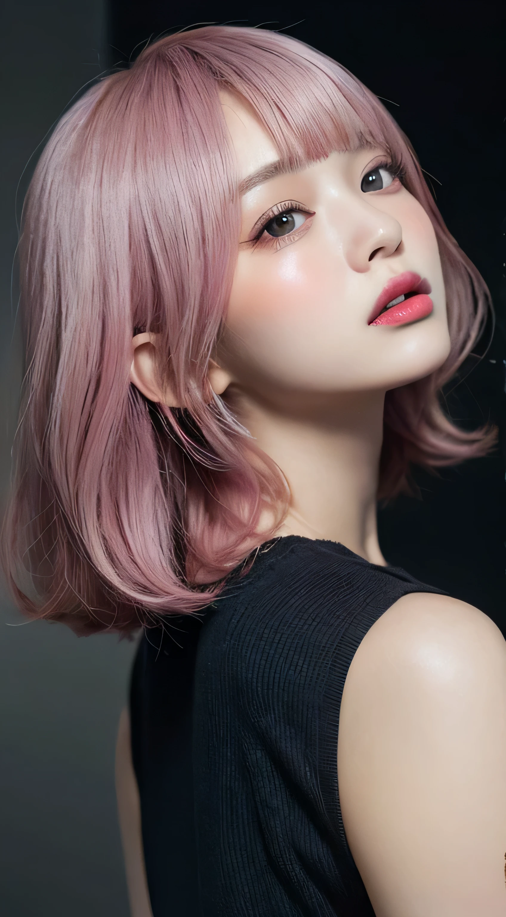 pieces fly, highest quality, figure, Super detailed, small details, High resolution, 8K,wallpaper, 完璧なダイナミックな構figure, beautiful and fine eyes, black camisole,short bob hair、pink hair color,Big Natural Color Lip, bold sexy pose,crying a little、harajuku style、20 year old girl、cute type、Looking up at the camera、in a dark room