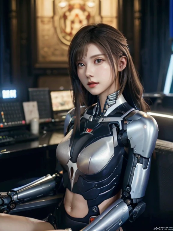 masterpiece、live-action、Over-the-knee portrait、((plug suit)), ((beautiful girl:1.2))、mechanized body、Mechanized chest and abdomen、mechanized occiput、Light brown semi-long hair, almost black、long eyes、Mechanized leg rack metallic suit that perfectly fits the body、Have an assault rifle、(decadent background)、artificial body、abdominal mechanism、((robot arm and hand))、((robot legs))、((machine neck))、Inside the spaceship、beautiful girl、19 years old、asian beauty, Actuator and cable are exposed in the abdomen、cyborg、150mm、beautiful studio soft light、rim light、vivid details、gorgeous cyberpunk、surreal、anatomical、facial muscles、cable wire、elegant、beautiful background、octane rendering、HR giger style、8K、highest quality、very delicate and beautiful、 Highly detailed CG、(real、photorealistic:1.37)、amazing details、Highly Detaild CG Unity 8k wallpaper、Full body Esbian、sitting、