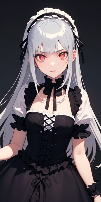 (silver hair,colorful fluorescence multicolored  hair:1.5,straight hair:1.5), (masterpiece, sidelights, exquisite beautiful eyes: 1.5), masterpiece*portrait, realistic, ((dark horror background:1.5)),(cold face:1.5),colorful,3D face,(beautiful face),front view: 1.6、 (glowing red eyes:1.2),(tareme:1.5)、(condescending expression:1.2),(blue lip rouge:1.2)),Slim Body, shiny hair, shiny skin: 1.5、medium breasts,、solo,(stand)、(gothic lolita dress:1.5)、(charactor focus:1.5、portlate、eye focus,cowboy shot)、dark atmosphere