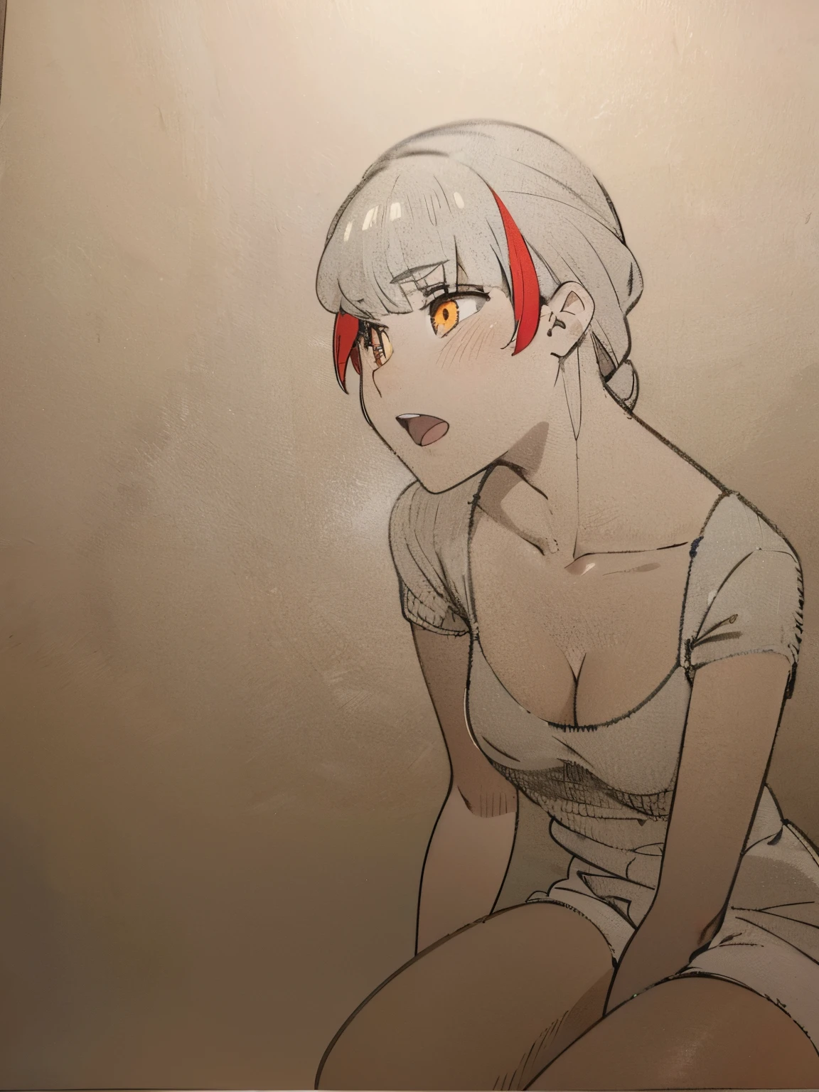 High quality anime pictures,orange eyes,an anime girl,anime style,housewife,shorts,white skin,at home,sofa