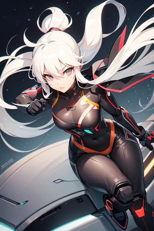 Female robot with white long hair, combat power, mechanical sense, single ponytail motorcycle