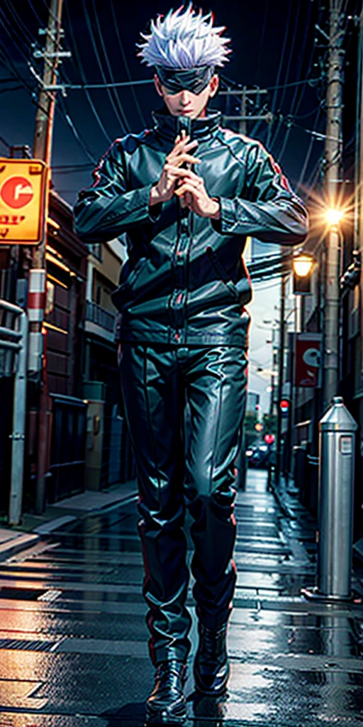 1boy, half body shot, perfect hand and fingers, satoru gojo, blindfold, black outfit, white hair, look at sky, smirk, red and blue energy, city night background, wallpaper, cinematic,High resolution 8K, Bright light illumination, lens flare, sharpness, masterpiece, top-quality, The ultra -The high-definition, high resolution, extremely details CG, Anime style, Film Portrait Photography,masterpiece,hyperdetail