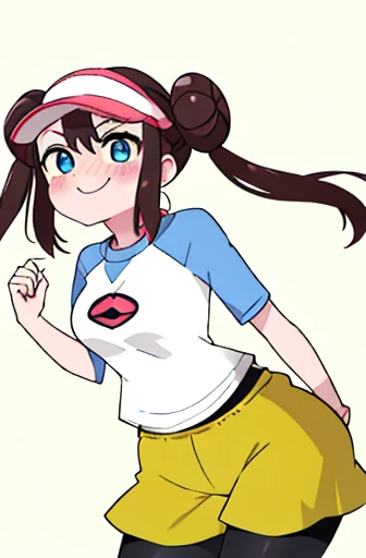 masterpiece、highest quality、high resolution、ro1、bun hair、blue eyes、twin tails、visor cap、pantyhose、raglan sleeve、Yellow shorts、shirt、pink ribbon、watch、Are standing、cowboy shot、field、smile、women stink、Attack with farts、embarrassing、big breasts、stick out your butt、Gas comes out of the butt、Hip Attack、Funbaru、Small movements、blush、My stomach is growling