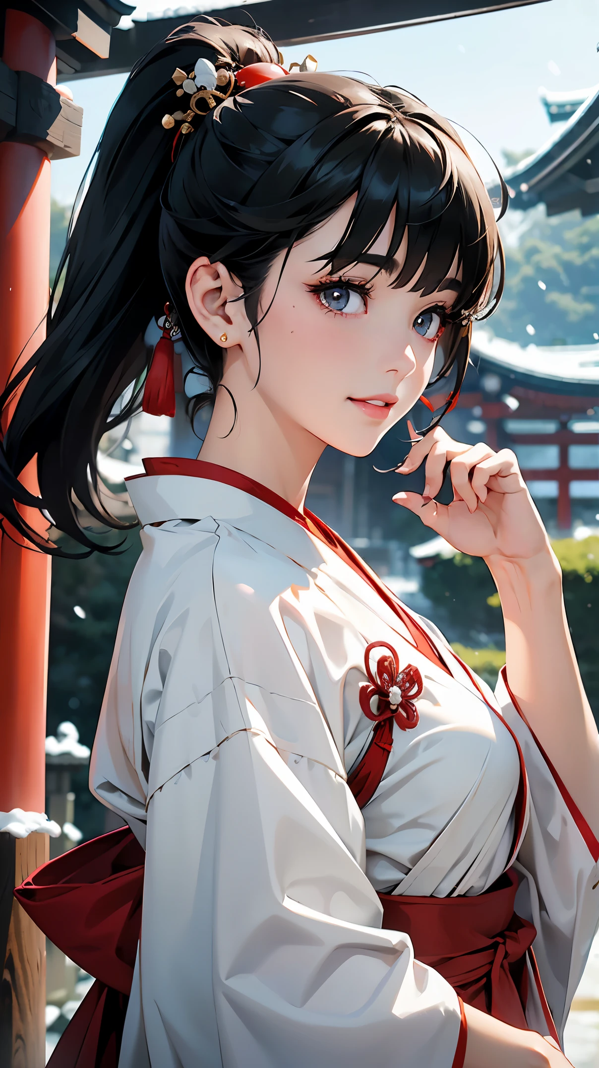 masterpiece、High resolution 8K、NSFW、sharp focus、contrast lighting、fine skin、 highest quality、ultra high resolution、ultra high resolution、Detailed CG、it&#39;s snowing、Former shrine of Japan、temple、Landscape with shrine torii gate、Low - Angle、full body shot、Beautiful woman、beautiful eyes、(detailed face and iace:1 2)、narrow eyes、almond eye、brown eyes、gradation eyes、highlight:1.2)、(beautiful black hair、middle、asymmetrical bangs、high top fade、ponytail、hair ornaments)、(White and red priestess costume、japanese shrine maiden costume、white clothes、Crimson hakama)、(plump lips、glossy lips、small chest size) 、(oval face : 1.4)、(thin fingered arms、detailed human hand)、half-open smile、teeth visible