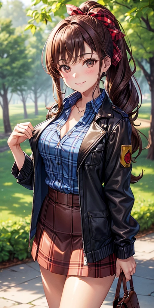(masterpiece, best quality, glowing light, ultra detailed, detailed background, complex background), (perfect face, detailed face), (mature female, milf:1.4), full-face blush, thighs, parted lips, smile, thick thighs, half-closed eyes, marnie, 1girl, asymmetrical bangs, solo, twintails, looking at viewer, ribbon, hair ribbon, choker, jewelry, red ribbon, earrings, black choker, dress, jacket, black jacket, pink dress, medium hair, long sleeves, open clothes, open jacket, green eyes (outdoors, garden, thighs, arms behind back)