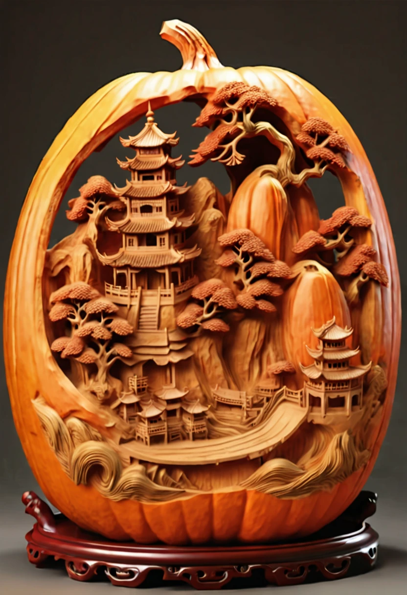 Pumpkin Carving art of oriental landscape painting, smooth surface, 3D Carving on Pumpkin, Chinese style, extremely detailed, soft lighting, soft contrast, incredible art, wlop, artstation, artgerm, octane render, (best quality, masterpiece, Representative work, official art, Professional, 8k:1.3)