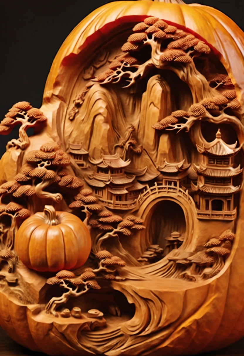 Pumpkin Carving art of oriental landscape painting, smooth surface, 3D Carving on Pumpkin, Chinese style, extremely detailed, soft lighting, soft contrast, incredible art, wlop, artstation, artgerm, octane render, (best quality, masterpiece, Representative work, official art, Professional, 8k:1.3)