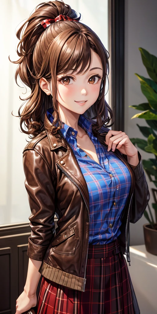 1girl, solo, village, trees, brown hair, long hair, curly hair, ponytail, large breasts, button down shirt, ((blue checked shirt)), ((unbuttoned shirt)), brown eyes, ((opened brown zipper jacket)), leather jacket, ((red black skirt)), smile, looking at the viewer, standng, hair ribbon