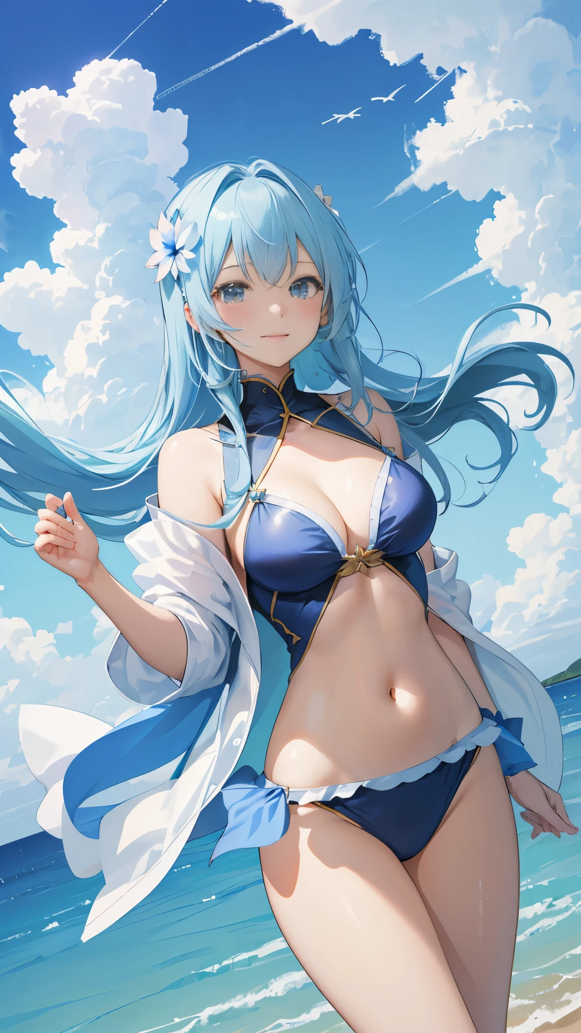 (8K, RAW photo, highest quality, Highly detailed CG Unity 8K wallpaper, masterpiece: 1.2), girl, Beautiful hair in light blue, floating in the sky, Cloud girl, cloud, (close: 1.1), bright, Happy, fun, soft lighting, (bauhaus, shape, line, abstracted: 1.1) cornflower, 細かい目を持つ小さくて美しいgirl, Beautiful hair in light blue, Upper body, The depth of field in the photo was perfect, andレンズフレアは素敵なタッチを追加しました. The fine features of his face really stood out, and、The score of this photo was definitely over 10. in the background, cloudがありました, stunning photo，本当にgirlの美しさとcloudを捉えました. , Accurate depiction of the iris, Look at the audience lovingly，Like a gentle goddess,swimsuit，I can see your stomach，I can see your belly button