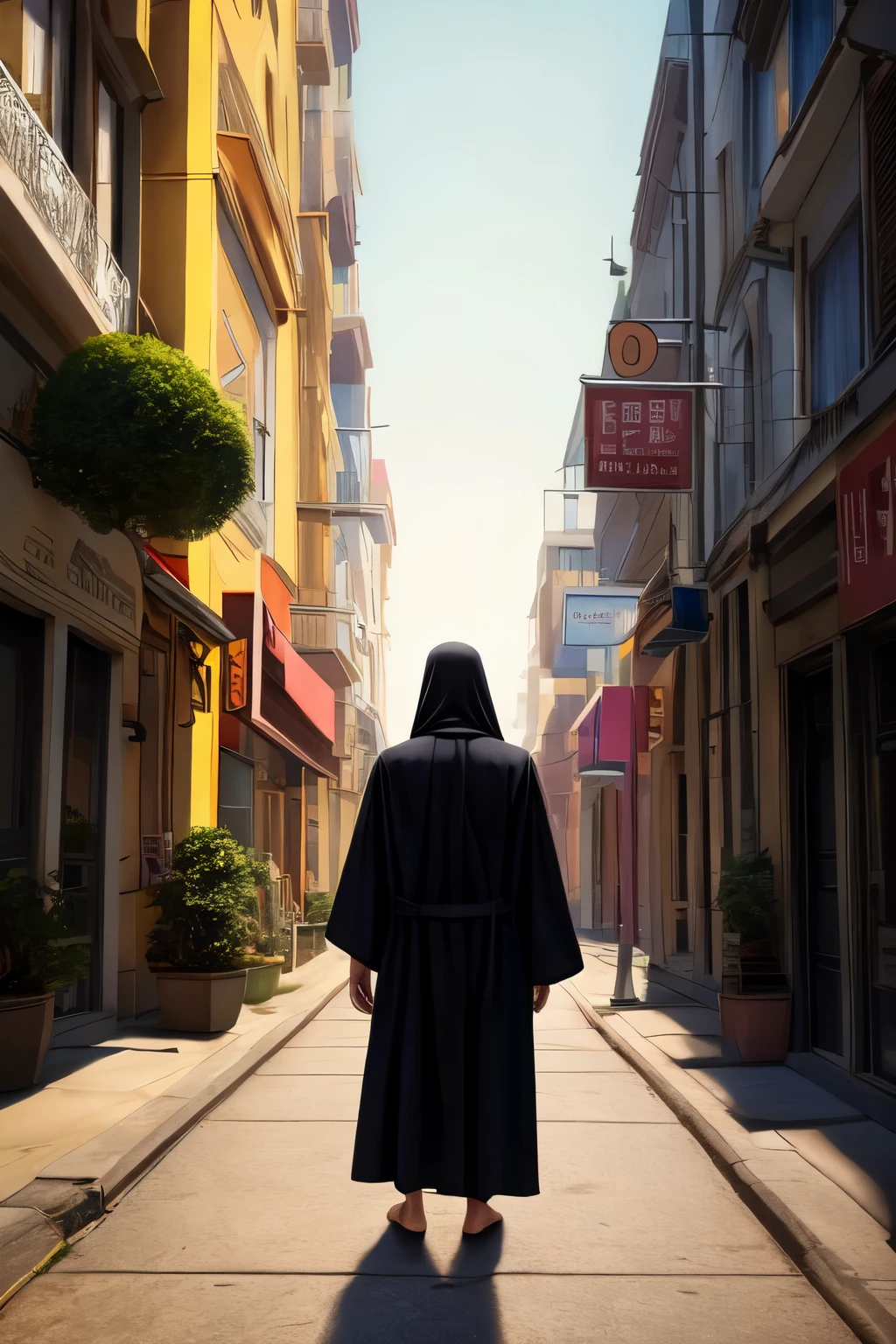 show me an human, with an full hidden face, wearing a black robe, standing on a street