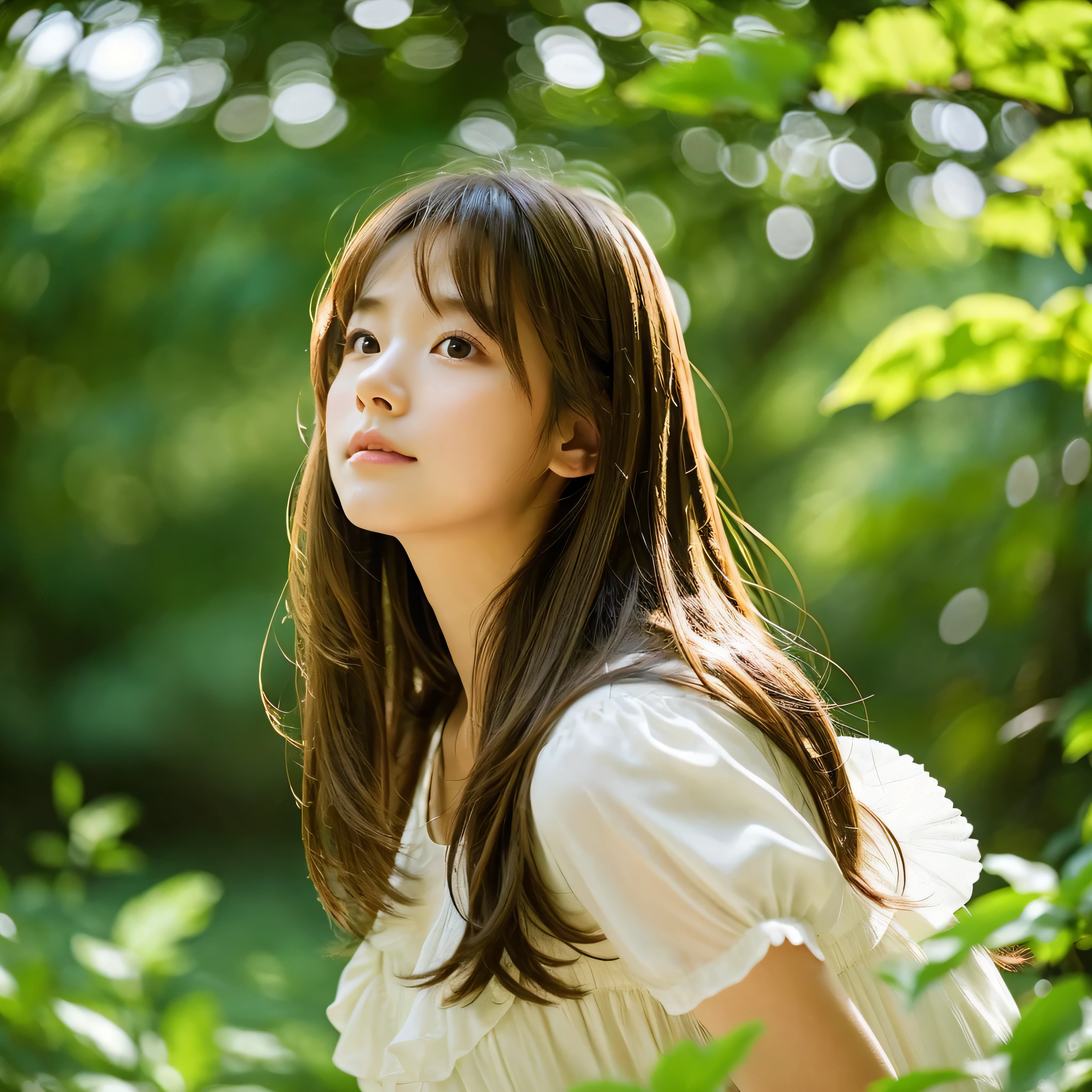 girl white dress izumi brown hair long hair mysterious forest sunlight filtering through the foliage