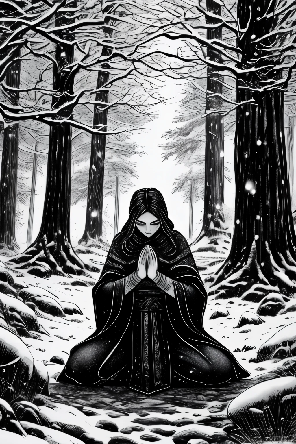 A fantasy book cover image, A woman kneeling in prayer in a snowy forest, worried, upset, scared, black and white, ink drawing style, medieval, fantasy art.