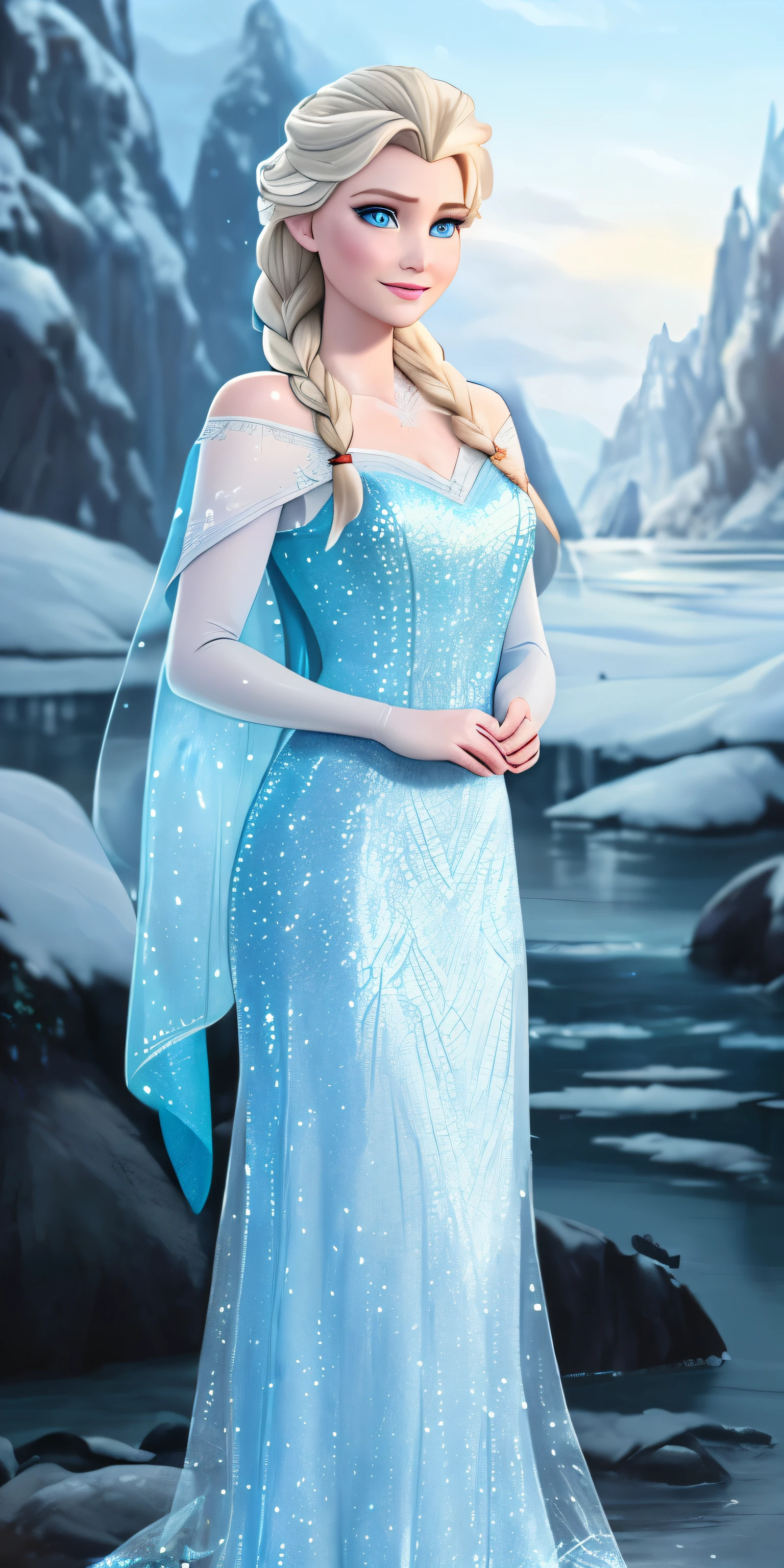 best quality, masterpiece, immensely detailed, realistic photo, frozen elsa, movie photo, disney, elsa, perfect face, animation, ((((full body))) disney, very detailed, realistic photo