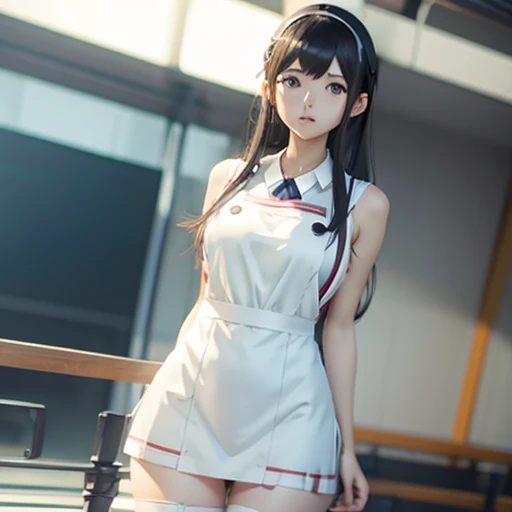 Anime character (big) in white apron and black hair, Azur Line style, fleet series style, Pixiv 3DCG, Ahegao, Cushart Krenz, anime Moe Art Style, from Azur Route video game, biomechanics oppai, highest ranked on Pixiv, best quality, 8k HD, thigh gap, half nude