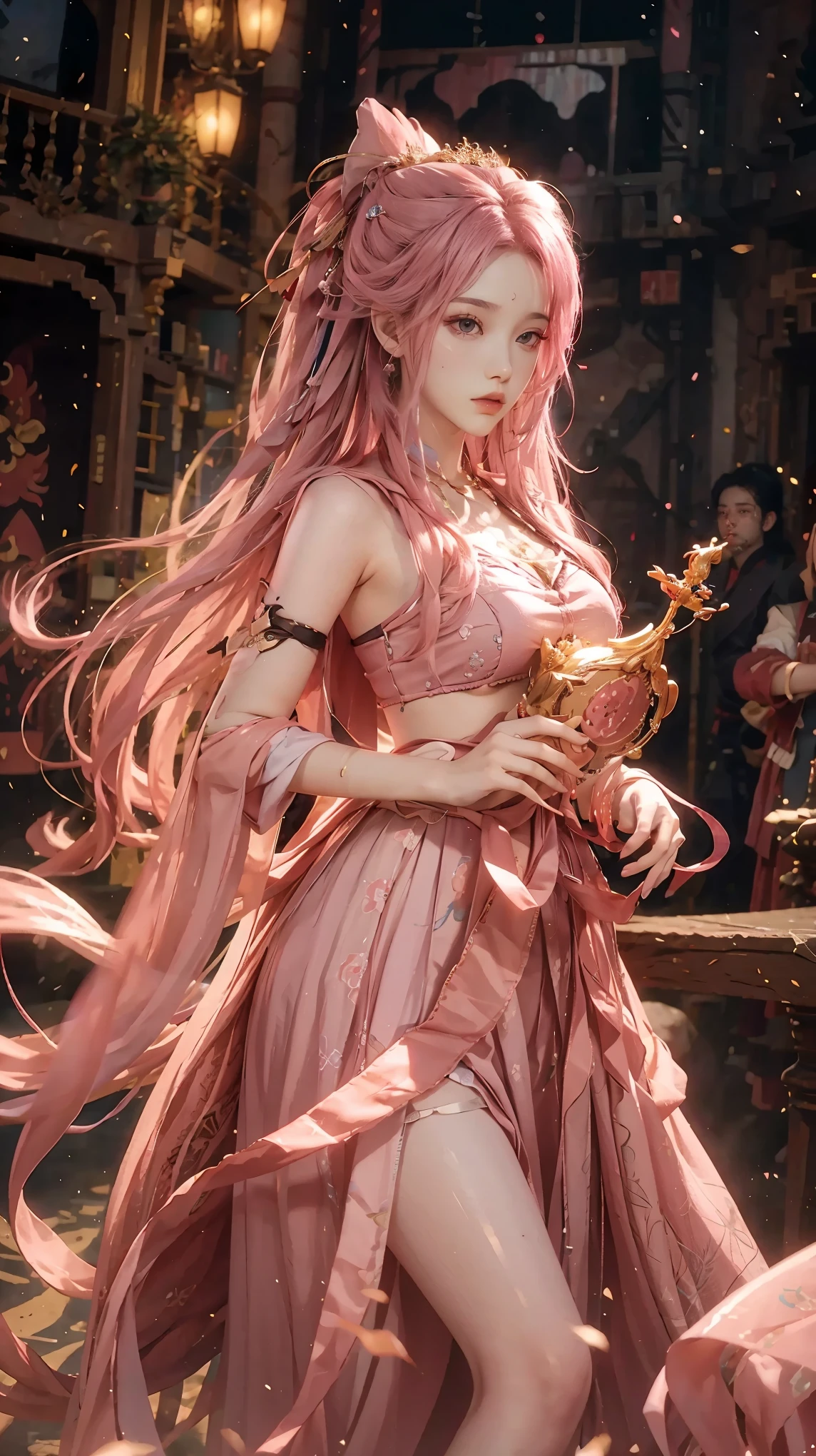 world theater, messy_long_hair,best quality, Extremely detailed CG unified 8k wallpaper，ink，amazinovie lighting，Renlal，Lolita，A pink-haired，Double tail，黄hair