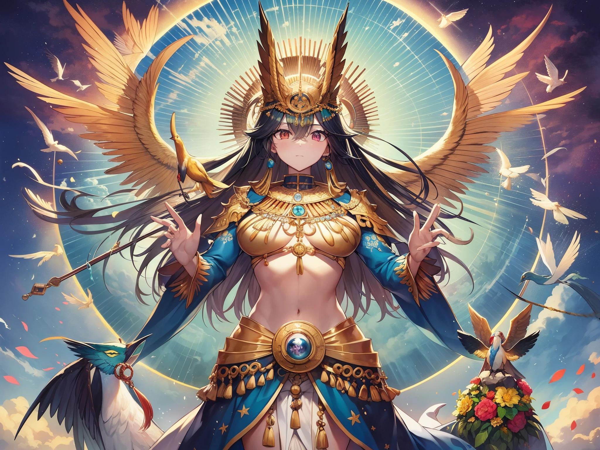 highest quality、masterpiece、detailed、Quetzalcoatl、Goddess of Venus、A cultural and agricultural god in Aztec mythology.。Also、Also considered to be the god of wind。Quetzalcatl、Also called Quetzalcoatl。In the Maya civilization, it was worshiped under the name Kukulkan.。In ancient times, it was a snake god related to water and agriculture.、後に文明一般をpeople類に授けた文化神と考られるようになり、Like Prometheus in Greek mythology、people類に火をもたらした神ともされた。 He was especially venerated as the ancestral god of the Toltec people.、After being incorporated into Aztec mythology,、原初神トナカテクトリとトナカシワトルの4peopleの息子の1peopleとして、With Huitzilopochtli et al.、elevated to the status of creator god。「myth of the five suns」の中では太陽神としてのQuetzalcoatlの逸話も残されている。When you put your hand on a rock, the rock dents.、Boasts superhuman strength that if he lifts that rock and throws it, it will flatten the forest.。 In mythology, he is considered the god of peace.、people々にpeople身供犠をやめさせたという。Therefore、people身供犠を好むテスカトリポカの恨みを買い、Drinking the cursed liquor pulque without realizing it.、After feeling upset, he started a physical relationship with his own sister, Quetzalpetlatl.、Tula(or aztec)was chased from the land of。At this time、After burning down his palace and burying his treasure, he sacrificed himself.、It is said that the ashes of the cremated body became many beautiful birds and flew up into the sky.、Even if it disappeared over the rainbow、It is said that she transformed into Venus and fled to heaven.、Quetzalcoatlは金星の神ともされるようになった。