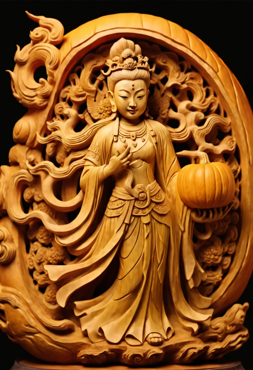 Pumpkin Carving art of Dunhuang apsaras, smooth surface, 3D Carving on Pumpkin, Chinese style, extremely detailed, soft lighting, soft contrast, incredible art, wlop, artstation, artgerm, octane render, (best quality, masterpiece, Representative work, official art, Professional, 8k:1.3)