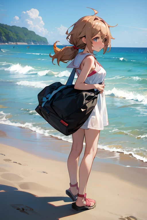 cute futanari anime girl on the beach