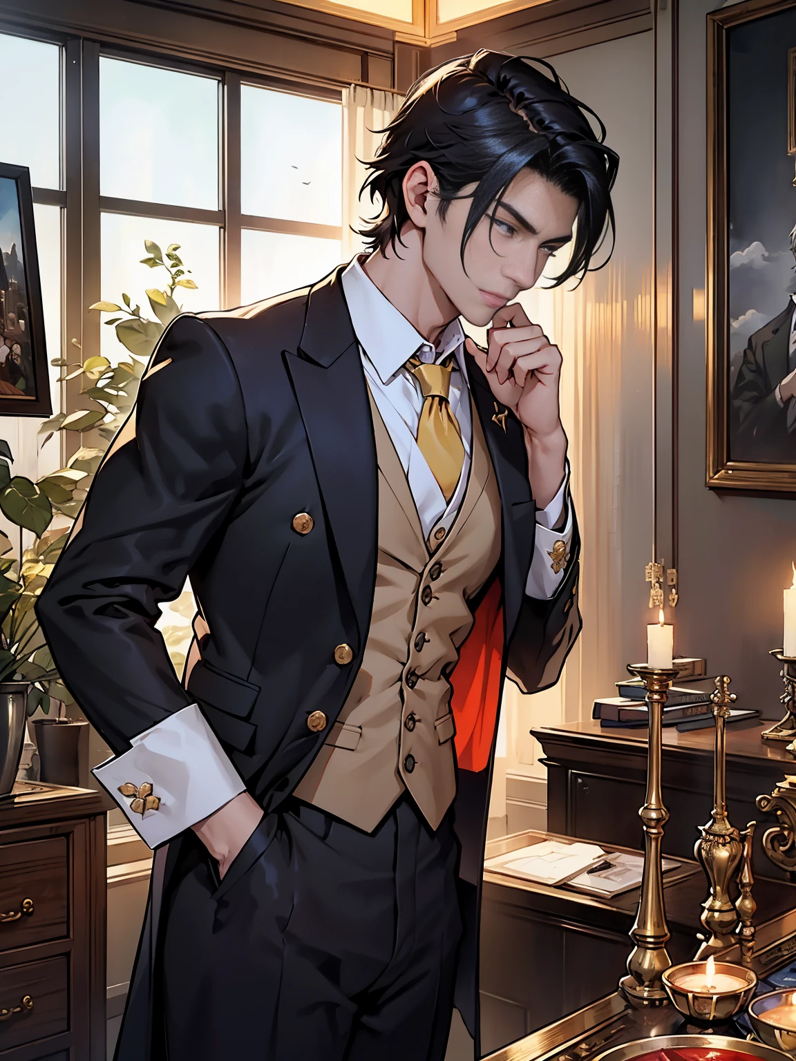 現generationに復活しているコンスタンティヌス大帝。Adult males。３０generation。hardworking and talented businessman。Eyes like a lion。A bright, penetrating look。antique、successful in the jewelry industry。warm and powerful。calm and calm。Also, take a calm and resolute attitude when necessary.。Be a gentleman、dangerous sense of coercion。British traditional atmosphere。York background。luxurious and elegant。Modern Classical。romance novel heroes。masterpiece。super high quality。Ultra high definition。delicate。