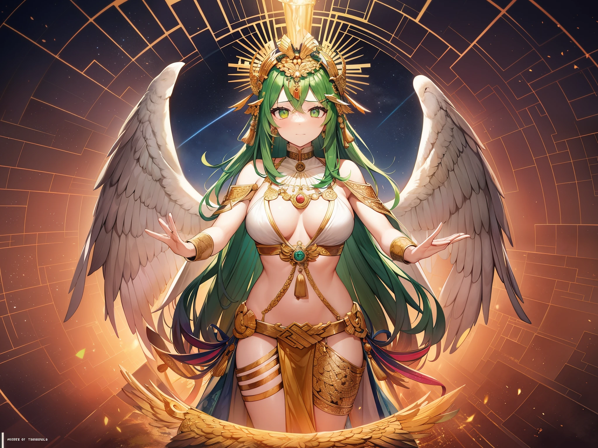 highest quality、masterpiece、detailed、Quetzalcoatl、Goddess of Venus、A cultural and agricultural god in Aztec mythology.。Also、Also considered to be the god of wind。Quetzalcatl、Also called Quetzalcoatl。In the Maya civilization, it was worshiped under the name Kukulkan.。In ancient times, it was a snake god related to water and agriculture.、後に文明一般をpeople類に授けた文化神と考られるようになり、Like Prometheus in Greek mythology、people類に火をもたらした神ともされた。 He was especially venerated as the ancestral god of the Toltec people.、After being incorporated into Aztec mythology,、原初神トナカテクトリとトナカシワトルの4peopleの息子の1peopleとして、With Huitzilopochtli et al.、elevated to the status of creator god。「myth of the five suns」の中では太陽神としてのQuetzalcoatlの逸話も残されている。When you put your hand on a rock, the rock dents.、Boasts superhuman strength that if he lifts that rock and throws it, it will flatten the forest.。 In mythology, he is considered the god of peace.、people々にpeople身供犠をやめさせたという。Therefore、people身供犠を好むテスカトリポカの恨みを買い、Drinking the cursed liquor pulque without realizing it.、After feeling upset, he started a physical relationship with his own sister, Quetzalpetlatl.、Tula(or aztec)was chased from the land of。At this time、After burning down his palace and burying his treasure, he sacrificed himself.、It is said that the ashes of the cremated body became many beautiful birds and flew up into the sky.、Even if it disappeared over the rainbow、It is said that she transformed into Venus and fled to heaven.、Quetzalcoatlは金星の神ともされるようになった。