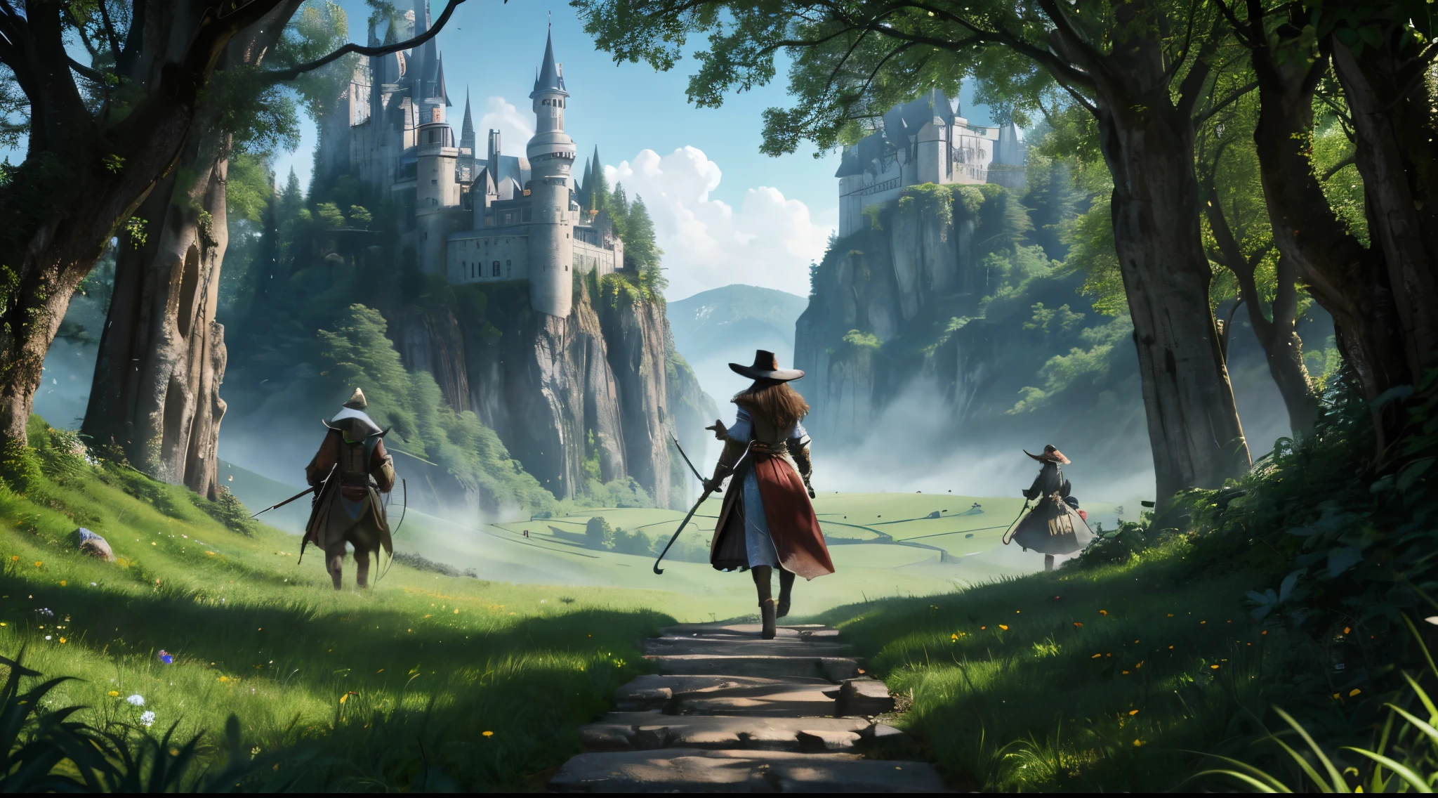 In a green meadow stands a sorceress leading a group of knights. With a brave expression, she guides them towards their destination. Behind her, a green forest eerily stretches out and beyond that, Castle rise in the distance. The most suitable effect for this scene would be a Sergio Leone western technique to capture the softness of the meadow and the fluidity of the movement. medium shot