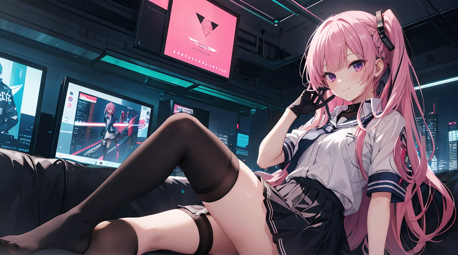 a girl，solo，Long pink hair，gentle，Smile，medium long hair，dishiveredhair，White short sleeves，White short sleeves游戏服，black skirt，black underwear，black gloves，cyberpunk characters,night, night city background，digital punk, anime style 4k, Sitting on the sofa，indoors，in the bedroom，black stockingitsukasa ayase、character-centered