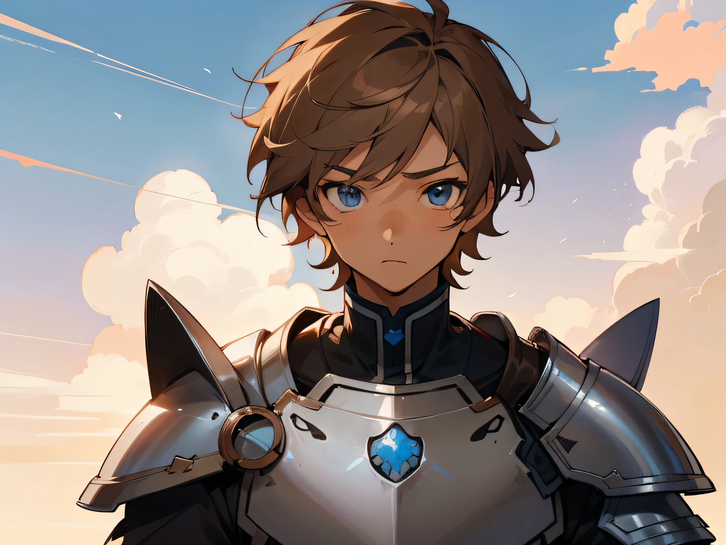 ビューアーを見つめる,masterpiece, best quality, (anime man), mature, light tan skin, ((short brown hair)), blue eyes, silver armor, fit, handsome, kind, shy, in love,red cheek,Cloud World