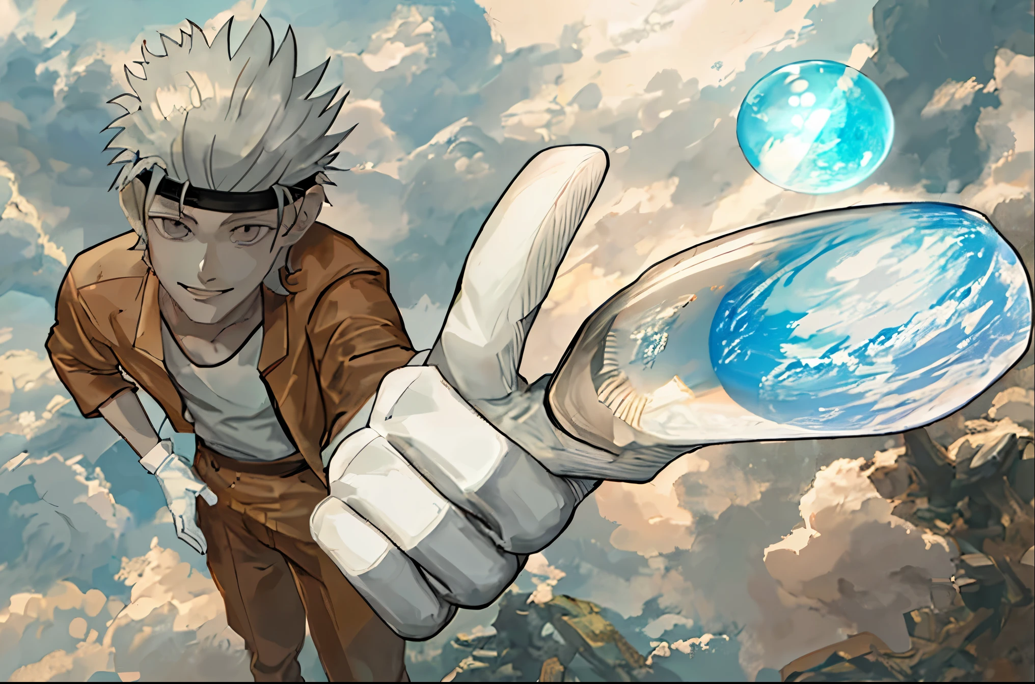 Best masterpiece, 1 boy, Alone, incredibly absurd, jacket, white gloves, outdoors, light smile, 1 hand resting on his waist, pointing in my direction, hunched posture,  creating a sphere of light with your finger