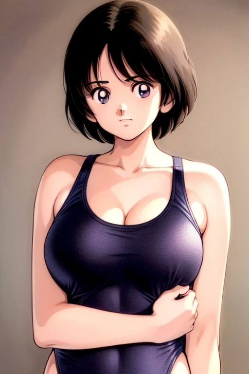1girl, haruka, black hair, short hair, bangs, looking at viewer, collarbone, medium breast, cleavage, (seiza), slender, upper body, (clothes pull, competition swimsuit pull), (best quality, masterpiece:1.3), (perfect detailed anatomy, Beauty details eyes, Shiny skin, beautiful breasts and cleavage),
