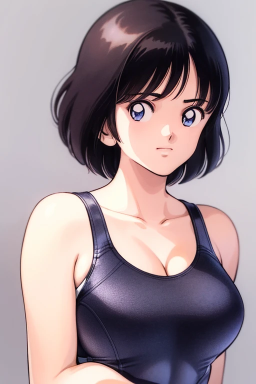 1girl, haruka, black hair, short hair, bangs, looking at viewer, collarbone, medium breast, cleavage, (seiza), slender, upper body, (clothes pull, competition swimsuit pull), (best quality, masterpiece:1.3), (perfect detailed anatomy, Beauty details eyes, Shiny skin, beautiful breasts and cleavage), 