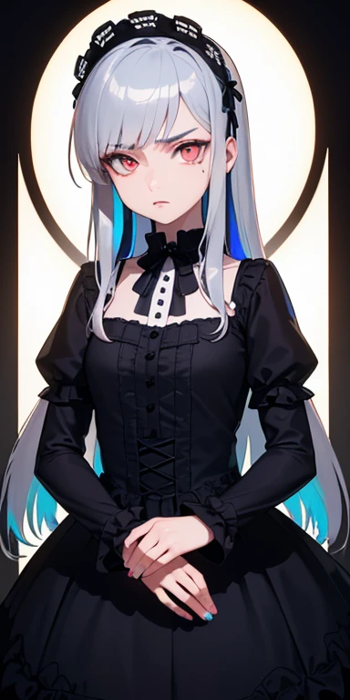 (silver hair,colorful fluorescence multicolored  hair:1.5,straight hair:1.5), (masterpiece, sidelights, exquisite beautiful eyes: 1.5), masterpiece*portrait, realistic, ((dark horror background:1.5)),(cold face:1.5),colorful,3D face,(beautiful face),front view: 1.6、 (glowing red eyes:1.2),(tareme:1.5)、(condescending expression:1.2),(blue lip rouge:1.2)),Slim Body, shiny hair, shiny skin: 1.5、medium breasts,、solo,(stand)、(gothic lolita dress:1.5)、(charactor focus:1.5、portlate、eye focus,cowboy shot)、dark atmosphere