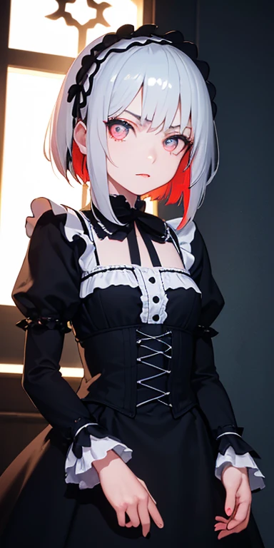 (silver hair,colorful fluorescence multicolored hair:1.5,straight hair:1.5), (masterpiece, sidelights, exquisite beautiful eyes: 1.5), masterpiece*portrait, realistic, ((dark horror background:1.5)),(cold face:1.5),colorful,3D face,(beautiful face),front view: 1.6、 (glowing red eyes:1.2),(tareme:1.5)、(condescending expression:1.5),((blue lip rouge:1.2)),Slim Body, shiny hair, shiny skin: 1.5、medium breasts,、solo,(stand)、(gothic lolita dress:1.5)、(charactor focus:1.5、portlate、eye focus,cowboy shot)、dark atmosphere