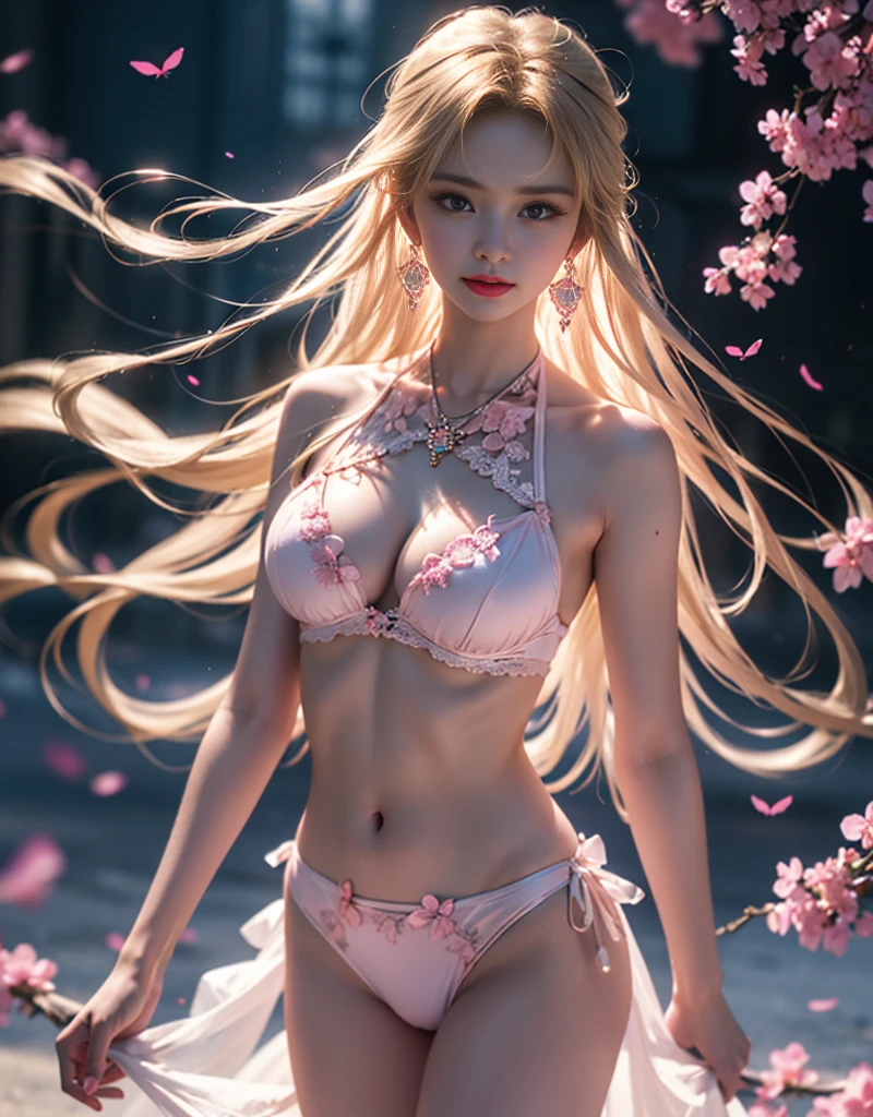 masterpiece,Highest image quality,Super detailest quality ,extremely delicate and beautiful, Very detailed,best quality, official art, Extremely detailed CG unified 8k wallpaper,professional lighting, photon mapping, Radiosity, Physically based rendering, portrait photo, The most beautiful look,Blonde hair, blue eyeeautiful skin,(detailed lighting:1.2), (Beautiful and detailed light:1.3), deep understanding, beautiful nude color, complex, digital painting, Smooth, sharp focus, end of the world, epic reality,looking at camera, (high dynamic range:1.4),face camera, (pastel colors:1.4), beautiful big breasts,end of the world的, give up, neutral color, night, screen space refraction, (intricate details, Super detailed:1.3), art station, movie shot, vignette, complex background, buliding,charming smile,Blushed,Shy,detailed background,(Various colors of dream catcher earrings missing color,blue,pink,Purple,red,blue,orange color,green,black,),And flirtatious,(Obscenity exposed,camel toe,Sort out your darkness, thick hair,),The best look,(Beautifulcollarbone,),Ultra thin,lace,translucent,(blacktranslucentlace编织比基尼,black比基尼,black花卉印花比基尼,blackUltra thin比基尼,blacklace比基尼,), perfect解剖结构,perfect眼睛, Perfect body, perfect头发, perfect, precise, ultra high definition, retina, anatomically correct, textured skin, Super details, high detail, high quality, Award-winning, best quality, high resolution, 16k, 法式绑带lace文胸,Crystal Pink Diamond Strap Bikini,pink玫瑰背景,Pearl strap thong,Small size bikini,Lace-up butterfly embroidered lightweight breathable mesh bikini,1 girl,(提high quality:1.4),(Quality real skin texture), delicate face,gradient hair, (perfect身材:1.1), (The most beautiful woman in the world), sparkling pupils,long eyelashes,Super realism, expected, Surreal, ultra high definition, Dream ,camelto,chuckle,