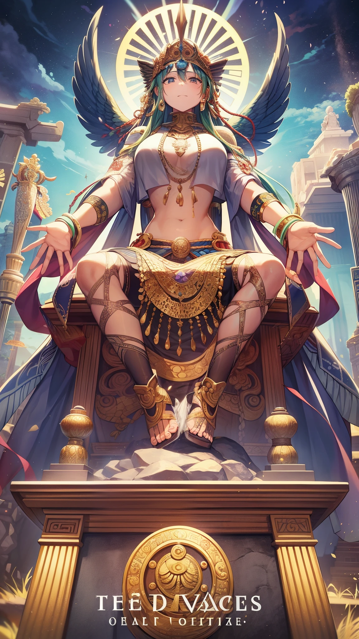 highest quality、masterpiece、detailed、Quetzalcoatl、Goddess of Venus、A cultural and agricultural god in Aztec mythology.。Also、Also considered to be the god of wind。Quetzalcatl、Also called Quetzalcoatl。In the Maya civilization, it was worshiped under the name Kukulkan.。In ancient times, it was a snake god related to water and agriculture.、後に文明一般をpeople類に授けた文化神と考られるようになり、Like Prometheus in Greek mythology、people類に火をもたらした神ともされた。 He was especially venerated as the ancestral god of the Toltec people.、After being incorporated into Aztec mythology,、原初神トナカテクトリとトナカシワトルの4peopleの息子の1peopleとして、With Huitzilopochtli et al.、elevated to the status of creator god。「myth of the five suns」の中では太陽神としてのQuetzalcoatlの逸話も残されている。When you put your hand on a rock, the rock dents.、Boasts superhuman strength that if he lifts that rock and throws it, it will flatten the forest.。 In mythology, he is considered the god of peace.、people々にpeople身供犠をやめさせたという。Therefore、people身供犠を好むテスカトリポカの恨みを買い、Drinking the cursed liquor pulque without realizing it.、After feeling upset, he started a physical relationship with his own sister, Quetzalpetlatl.、Tula(or aztec)was chased from the land of。At this time、After burning down his palace and burying his treasure, he sacrificed himself.、It is said that the ashes of the cremated body became many beautiful birds and flew up into the sky.、Even if it disappeared over the rainbow、It is said that she transformed into Venus and fled to heaven.、Quetzalcoatlは金星の神ともされるようになった。