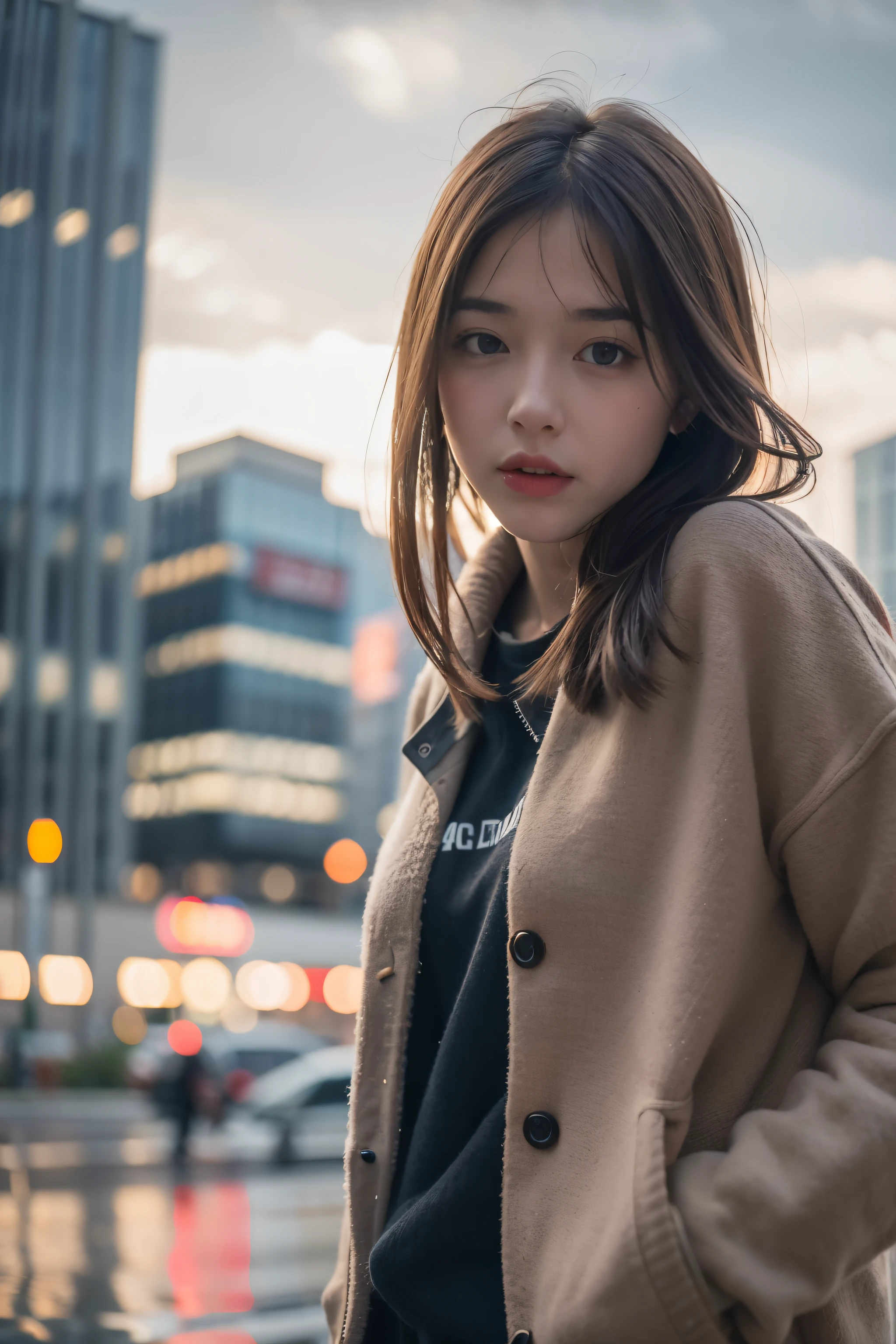 Mix 4,(8k, original photo, best quality, masterpiece:1.2), (actual, photo-actual:1.37),1 girl,Lovely,city View, night, rain, wet, professional lighting, photon mapping, Radiosity, Physically based rendering,