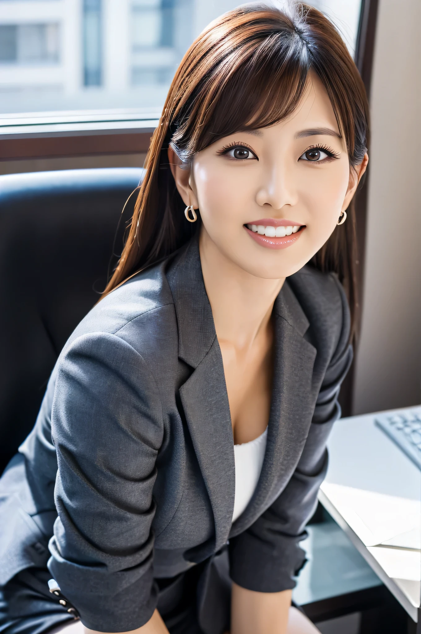 Highest resolution, 4K, Masterpiece: 1.3), A Japanese milf, photo of one lady, Sexy: 1.1, fine eyes, Slender figure, Realistic teeth, double eyelids, full body, best quality, detailed, business suits, at the office, sexy pose, mini skirt