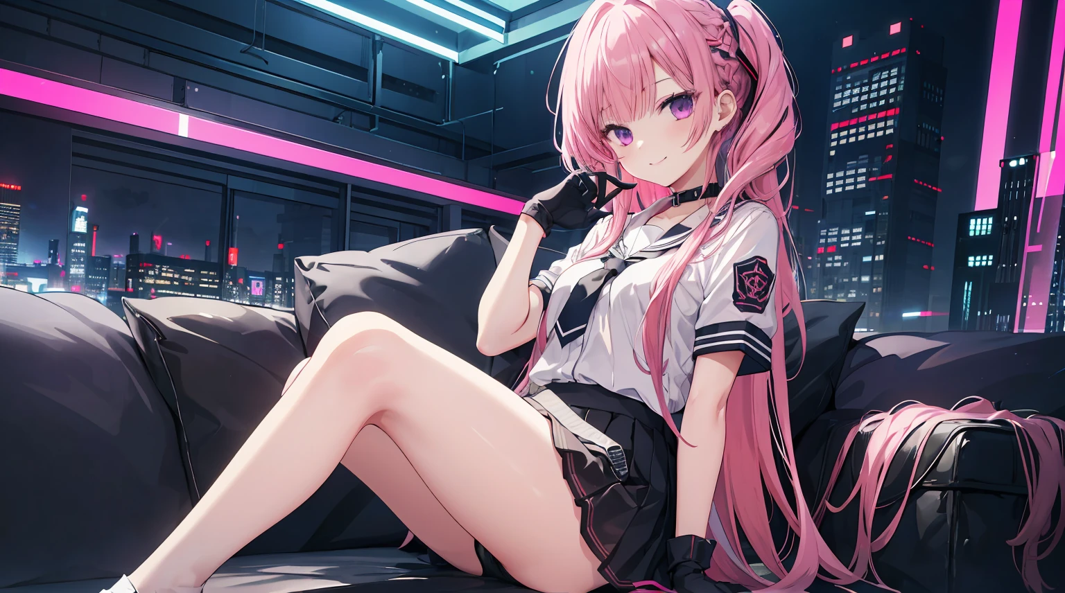 a girl,solo,Long pink hair,gentle,Smile,medium long hair,dishiveredhair,White short sleeves,White short sleeves游戏服,black skirt,black underwear,black gloves,cyberpunk characters,night, night city background,digital punk, anime style 4k, Sitting on the sofa,indoors,in the bedroom,black stockingitsukasa ayase、character-centered