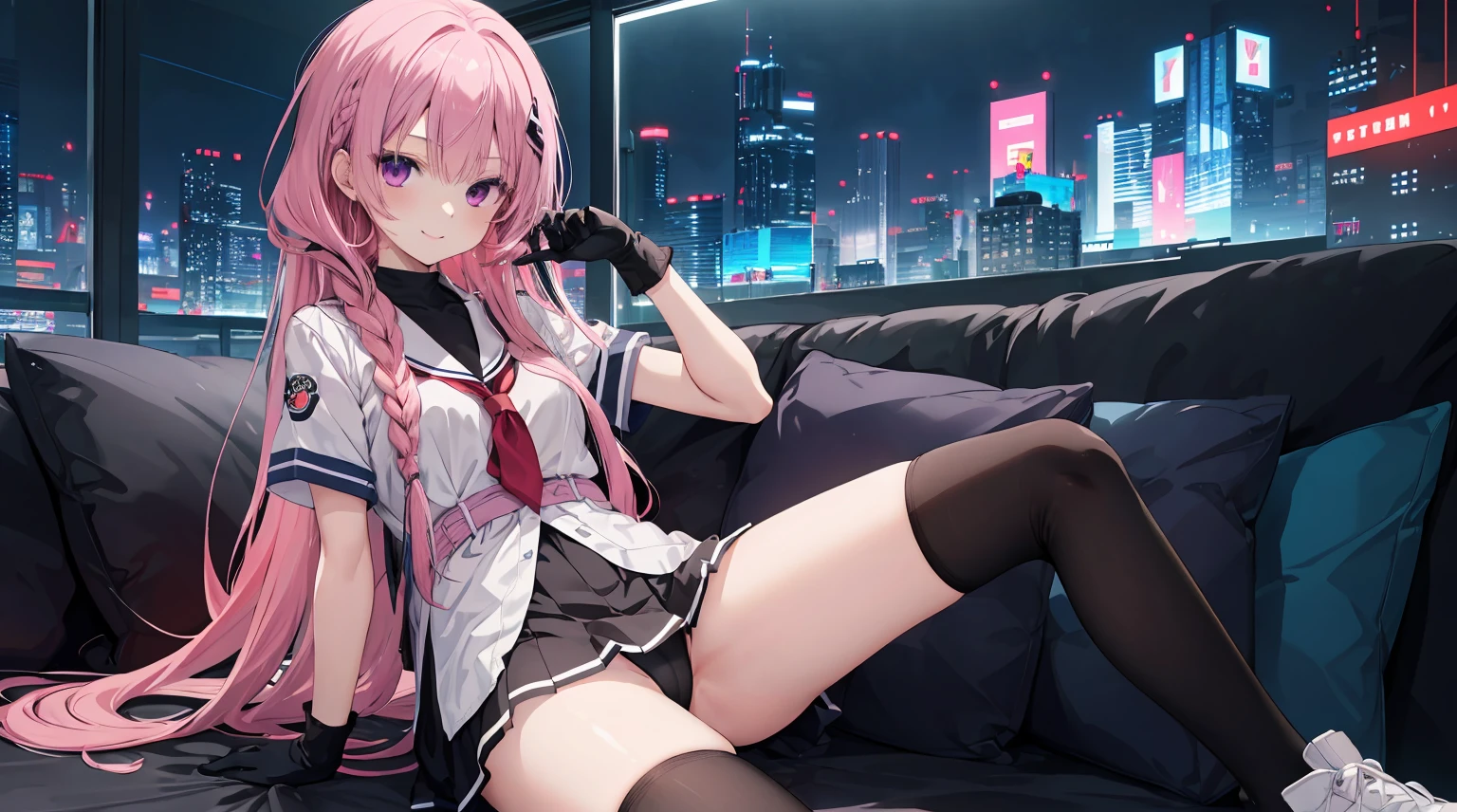 a girl,solo,Long pink hair,gentle,Smile,medium long hair,dishiveredhair,White short sleeves,White short sleeves游戏服,black skirt,black underwear,black gloves,cyberpunk characters,night, night city background,digital punk, anime style 4k, Sitting on the sofa,indoors,in the bedroom,black stockingitsukasa ayase、character-centered