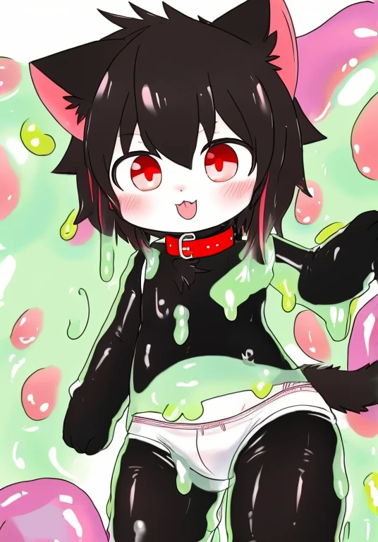 One in diapers，潜入Random color slimes中，into the slime，（（Thighs covered in random colored mucus）），Random color slimes，collar，red pupils，cat ears，cat nose