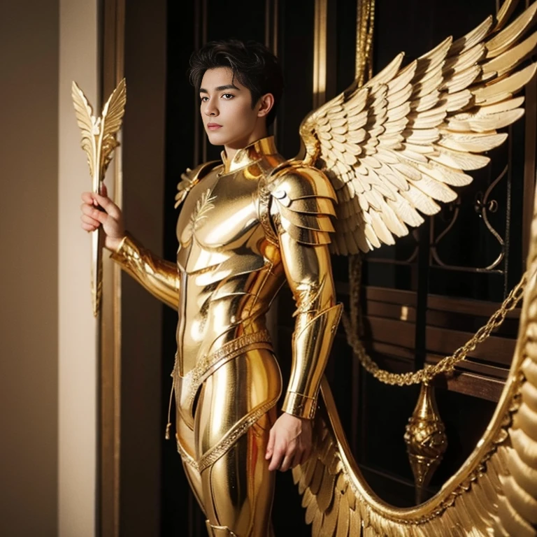 arafed boy in a gold outfit with wings and a sword, angelic golden armor, full - body majestic angel, archangel, winged boy, angel in gold armor, eros, archangel michael, winged human, epic angel wings, eros and thanatos, grand angel wings, gold wings, young wan angel, attractive male deity , nsfw , details , Watching Viewers True 8K light and shadow , full body , buttock , eroticism