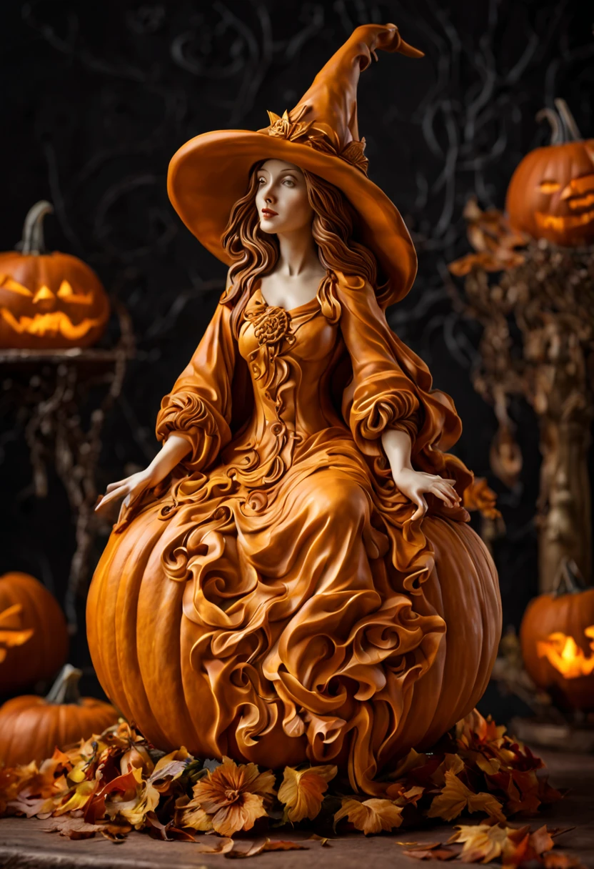  Lovely witch sculpture done in pumpkin carving in Art Nouveau style. Pumpkin carving pattern  exquisite and intricate. Detailed decorative carving. Soft lighting. Mesmerizing and surreal. Hyper-realistic details.（masterpiece）、（best quality）、Complex and highly detailed

