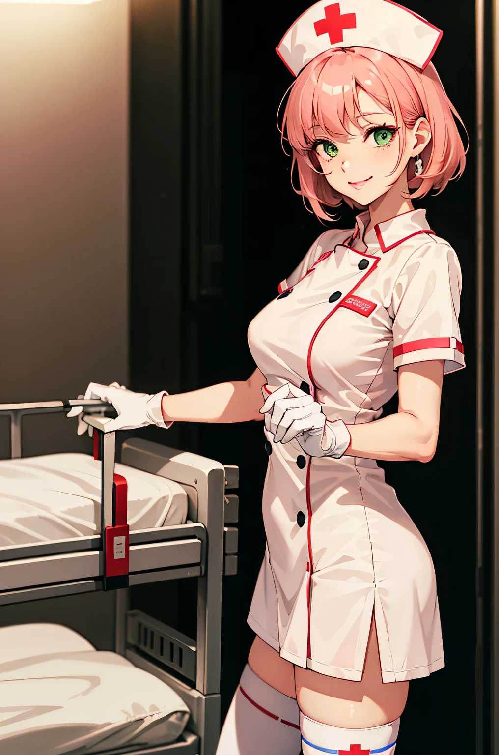 1 female, alone, nurse, nurse cap, Whiteware, ((white legwear, zettai ryouiki)), white gloves, pink hair, green eyes, droopy eyes, pink lips, smile, Are standing, ((hospital room)), sharp outline, short sleeve, mature woman, 32 years old, highest quality, masterpiece