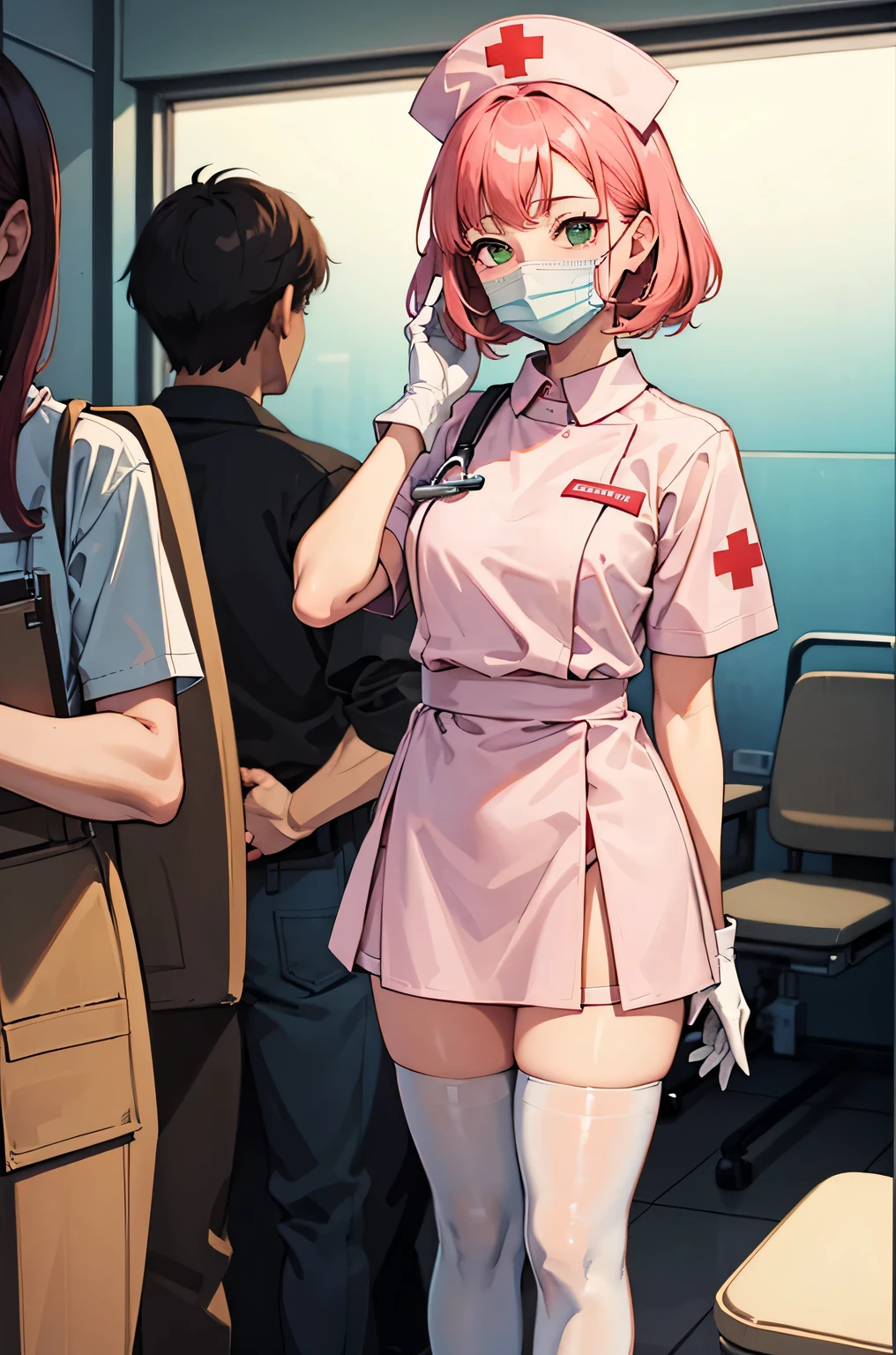 1 female, alone, nurse, nurse cap, Whiteware, ((white legwear, zettai ryouiki)), white gloves, pink hair, green eyes, droopy eyes, ((White surgical mask, Covered nose)), Are standing, ((hospital room)), sharp outline, short sleeve, mature woman, 32 years old, highest quality, masterpiece