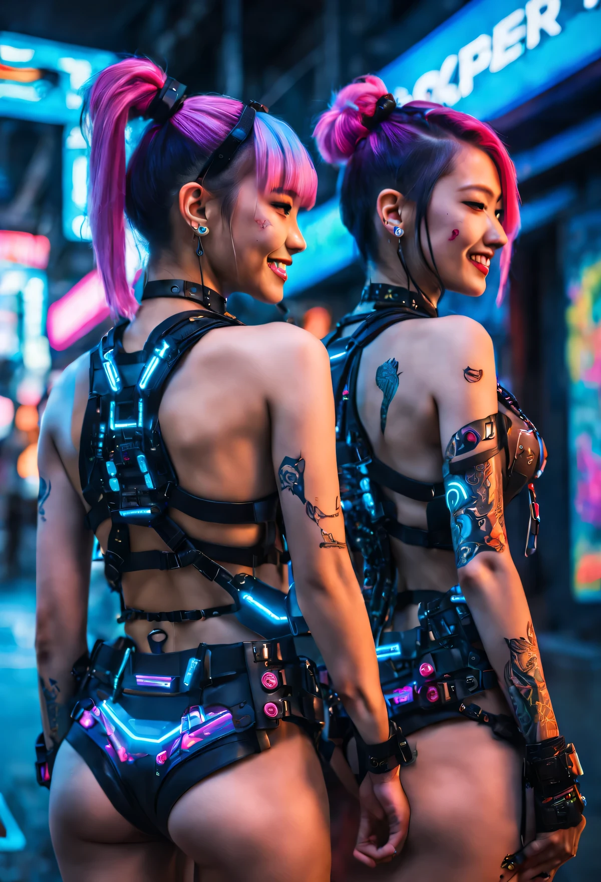 masterpiece, best quality, 2 ((smiling)) cyberpunk girls standing back to back, side view, Harajuku-inspired cyberpunk body harness, bold colors and patterns, eye-catching accessories, trendy and innovative hairstyle, dazzling, glowing neon signs, LED lights, anime illustration, detailed skin texture, detailed cloth texture, beautiful detailed face, intricate details, ultra detailed, cinematic lighting, strong contrast. INFO