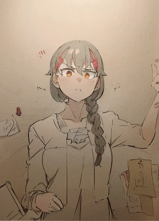 High quality anime pictures,housewife,blue surcoat,orange eyes,Twist braids,angry,High quality anime girls