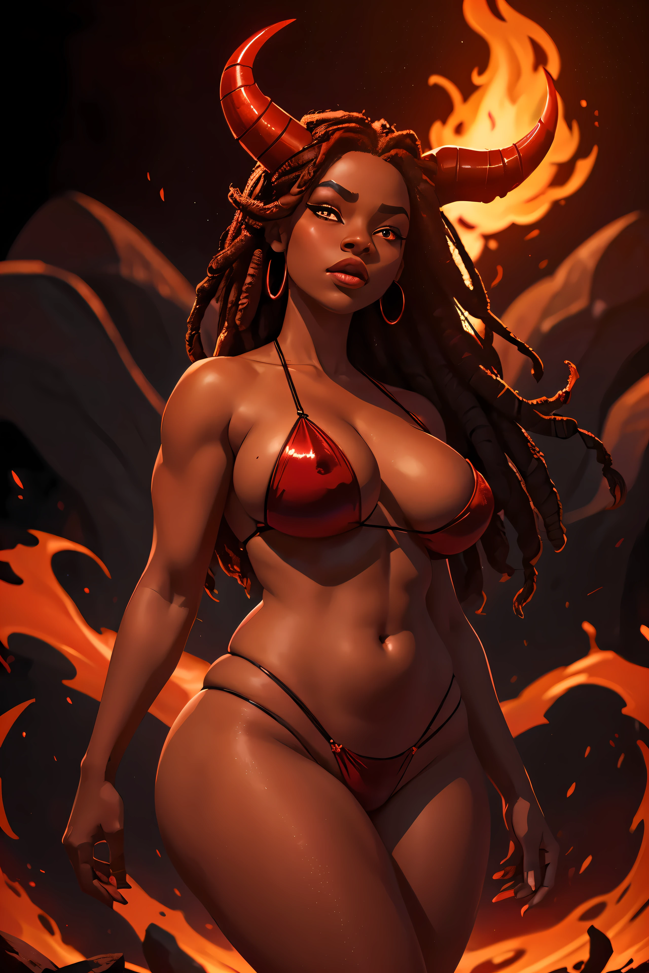 A photograph of a demon woman (with mesmerizingly ruby red skin and big busty breast), she has horns, possessing distinctive African American features. She stands confidently in a black bikini, she has dreadlocks, showcasing her voluptuous and curvy silhouette. The background is an otherworldly, fiery abyss, with swirling shadows and ethereal flames. The intense red glow of the environment accentuates her demonic allure. (Taken on: Professional DSLR, f/2.8, 50mm lens),aw0k magnstyle,aw0k euphoric style