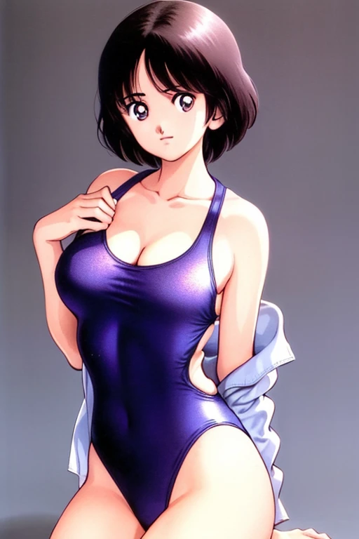 1girl, haruka, black hair, short hair, bangs, looking at viewer, collarbone, medium , cleavaza), slender, upper body, (clothes pull:1.5, competition swimsuit pull:1.5), (best quality, masterpiece:1.3), (perfect detailed anatomy, Beauty details eyes, Shiny skin, beautiful breasts and cl,