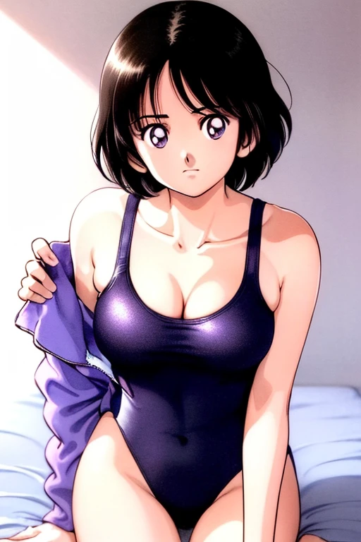 1girl, haruka, black hair, short hair, bangs, looking at viewer, collarbone, medium breast, cleavage, (seiza), slender, upper body, (clothes pull:1.5, competition swimsuit pull:1.5), (best quality, masterpiece:1.3), (perfect detailed anatomy, Beauty details eyes, Shiny skin, beautiful breasts and cleavage), 